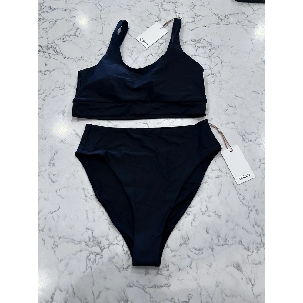 NWT Quince Black Italian Tank Bikini Top & High Rise High Leg Bottom Set Large
